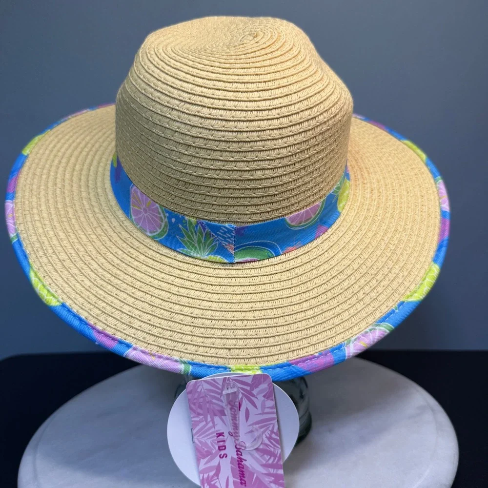Tommy Bahama Kids Straw Sun Hat Tropical Fruit Print Wide Brim Adjustable Strap